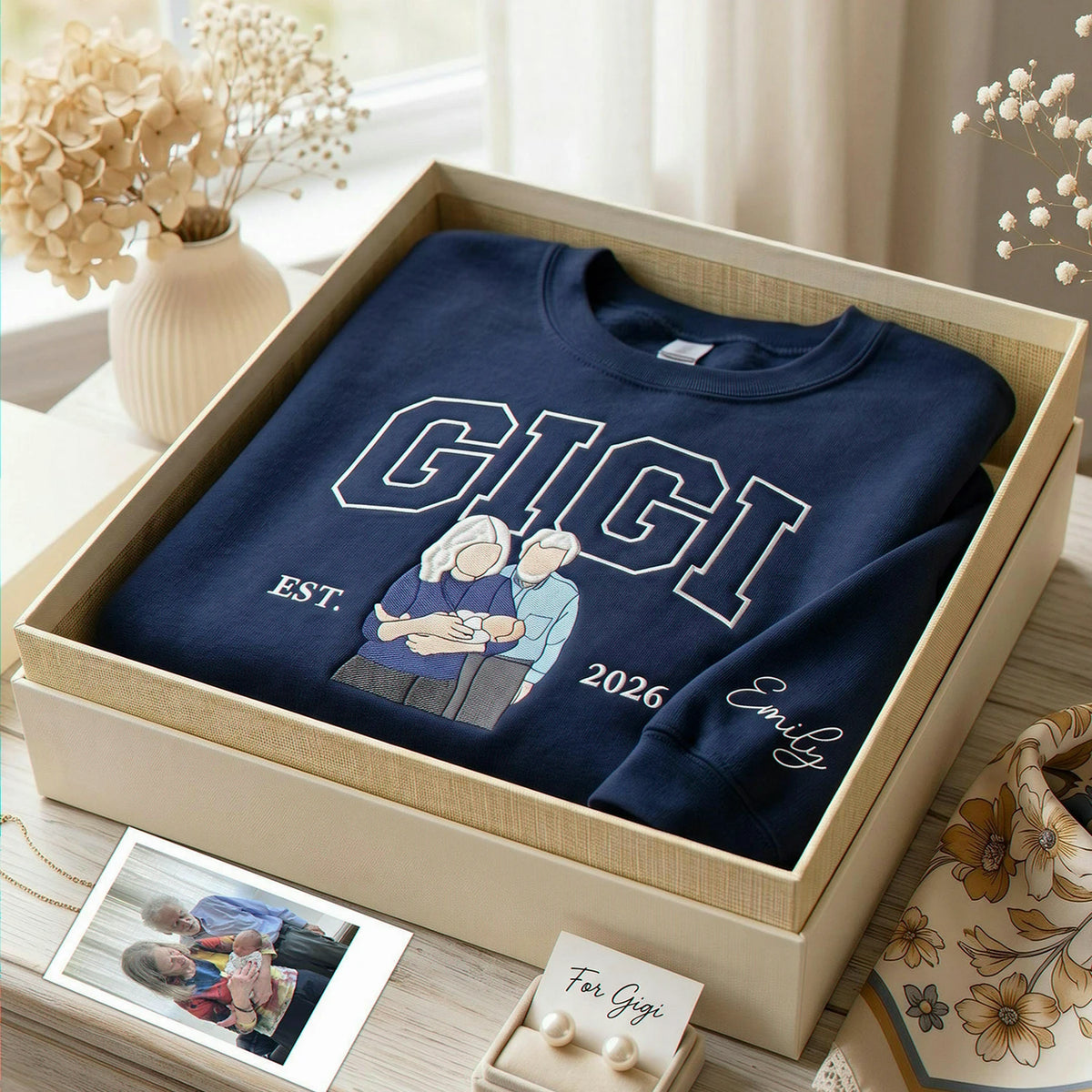 Custom Grandma Sweatshirt with Photo - Embroidered Gigi Portrait Sweater