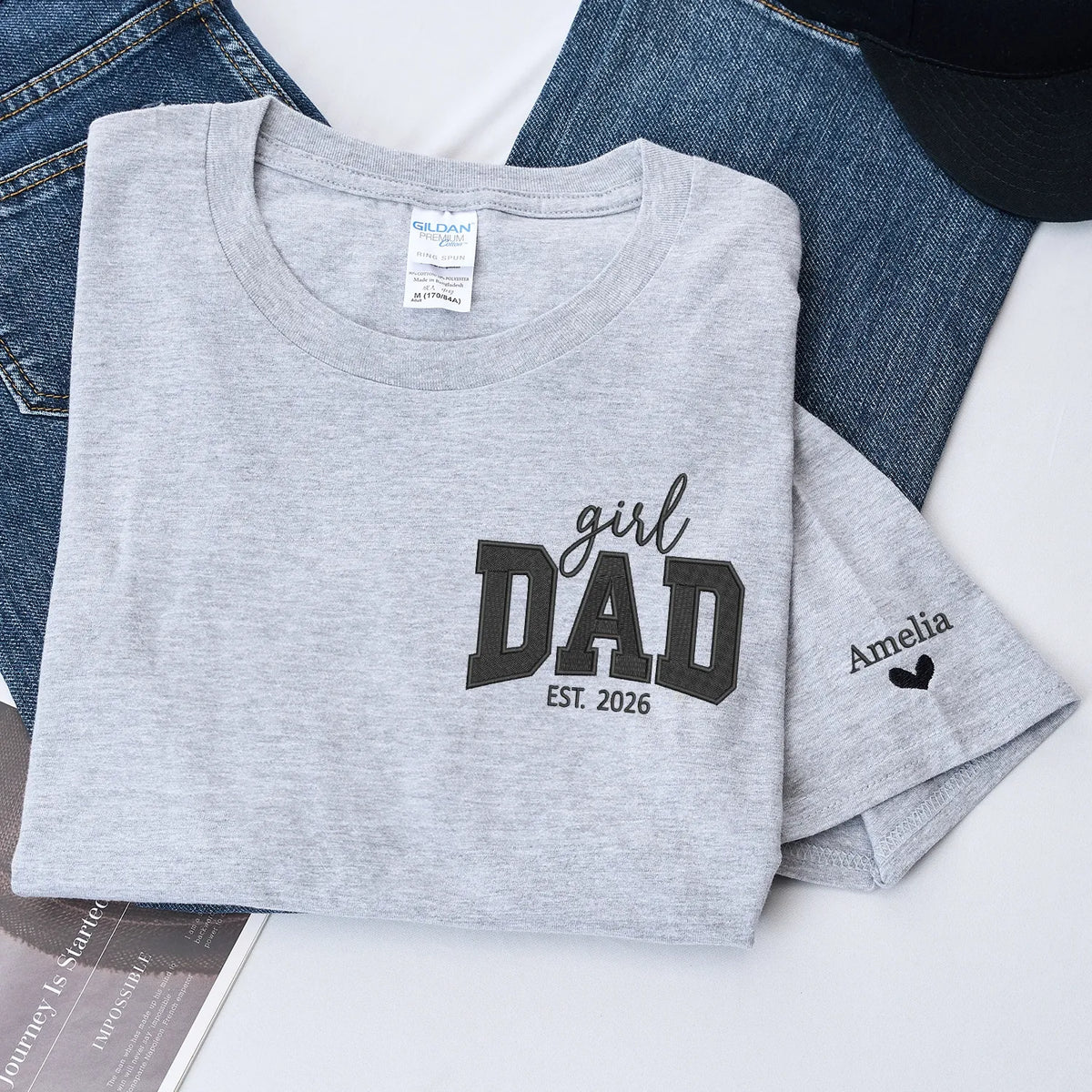 Custom embroidered girl dad shirt with kids names on sleeve personalized father gift