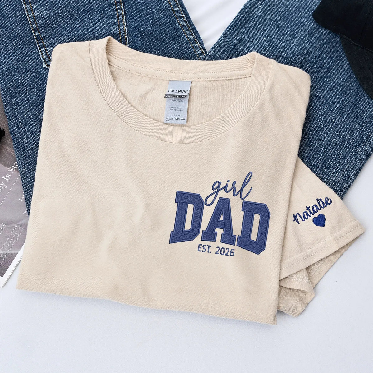 Custom embroidered girl dad shirt with kids names on sleeve personalized father gift