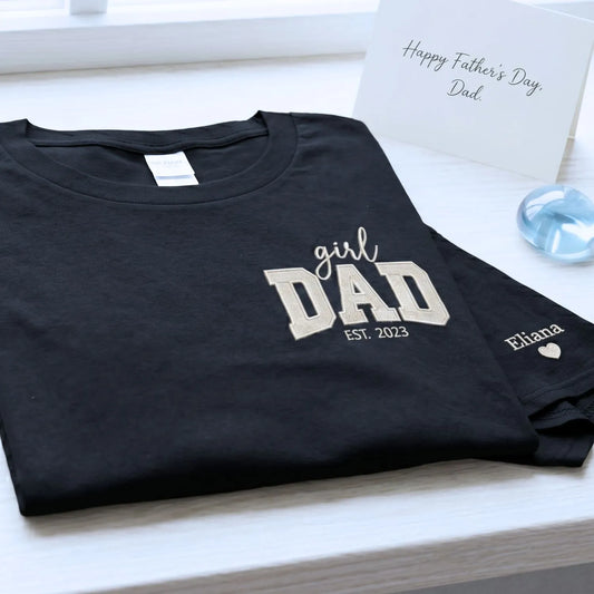 Custom embroidered girl dad shirt with kids names on sleeve personalized father gift