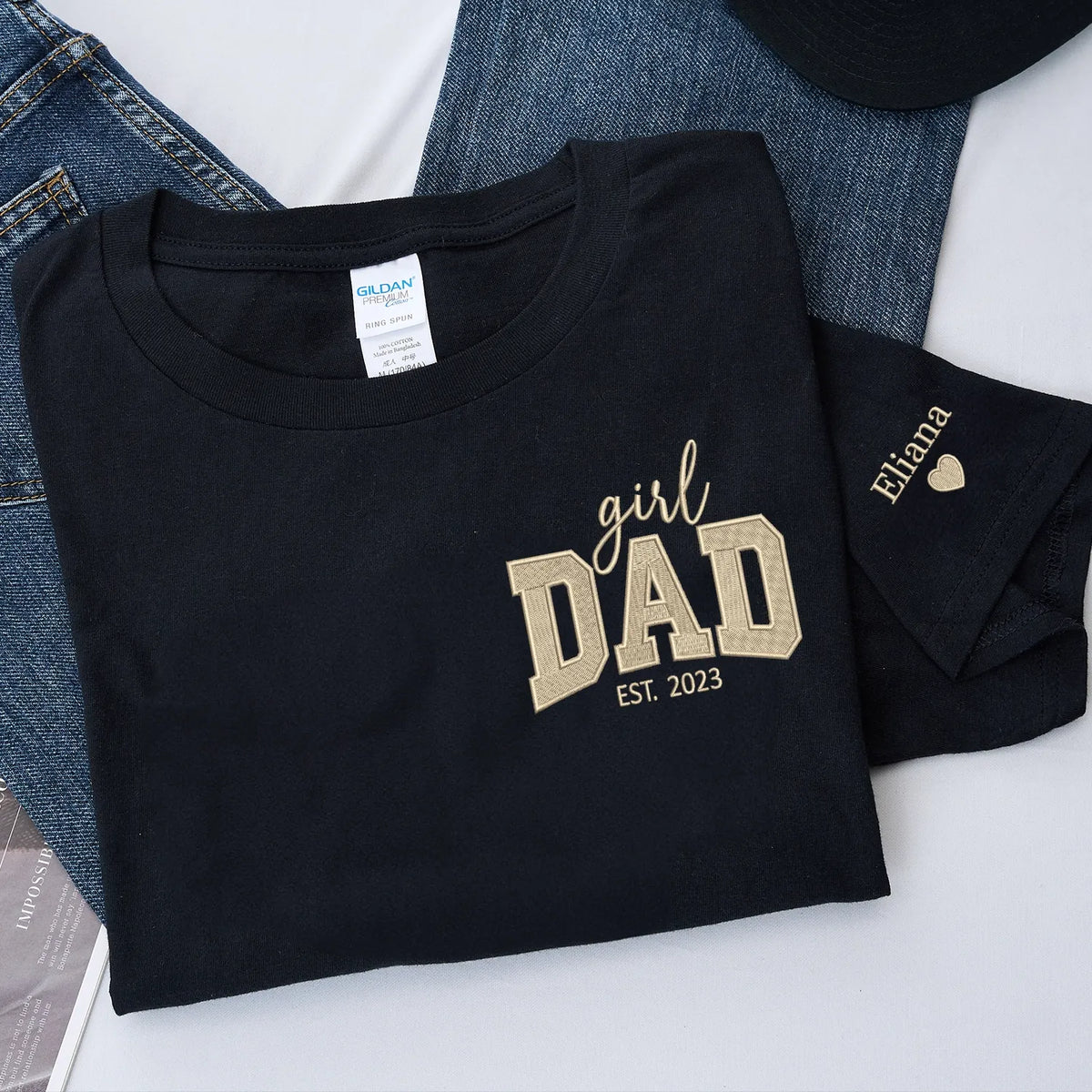 Custom embroidered girl dad shirt with kids names on sleeve personalized father gift