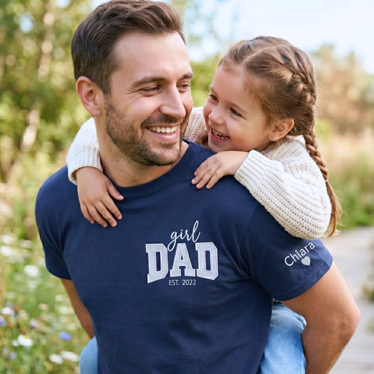 Custom embroidered girl dad shirt with kids names on sleeve personalized father gift