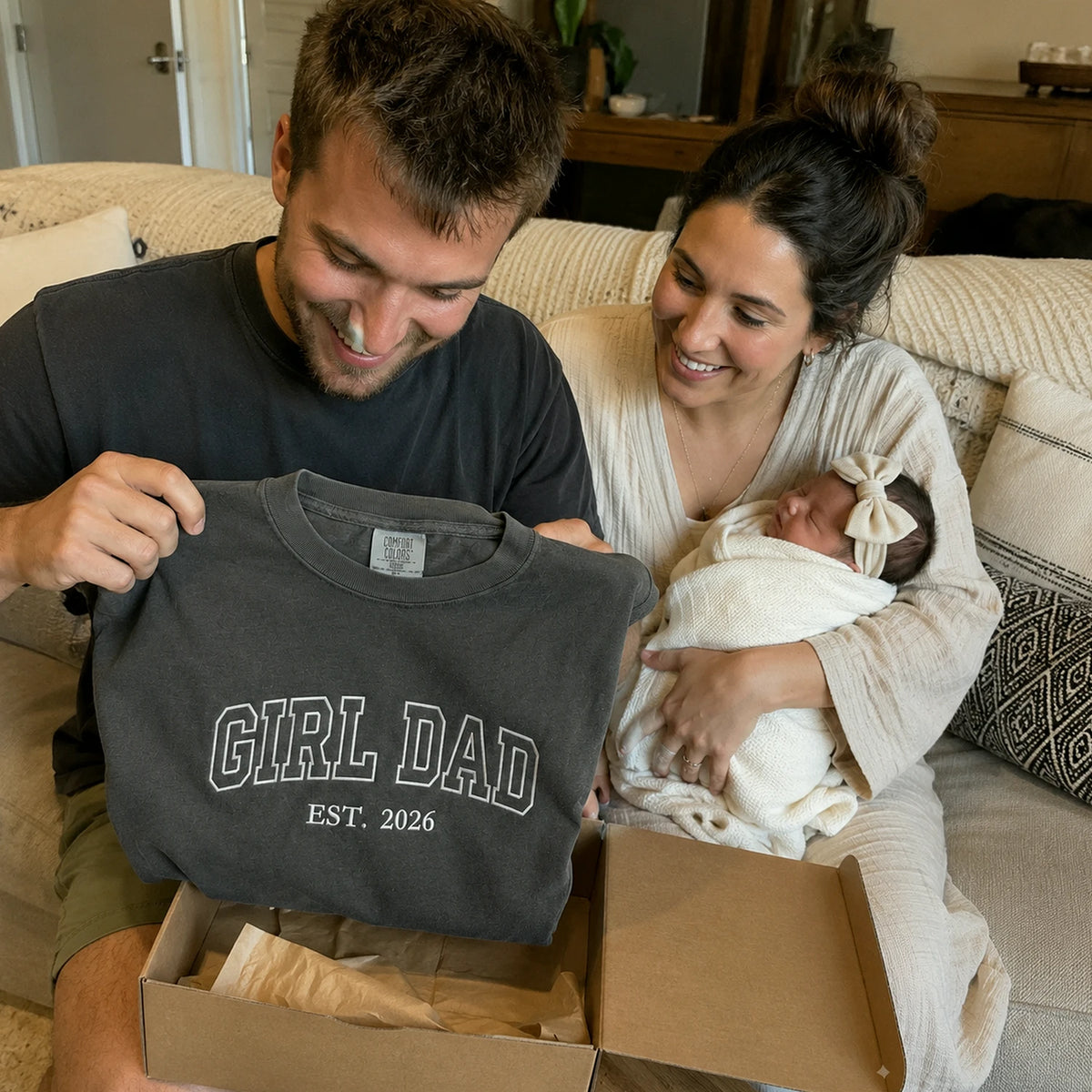 Custom Girl Dad Est T-Shirt or Sweatshirt, Personalized Embroidered Gift for Dad, New Dad, Dad to Be from Her