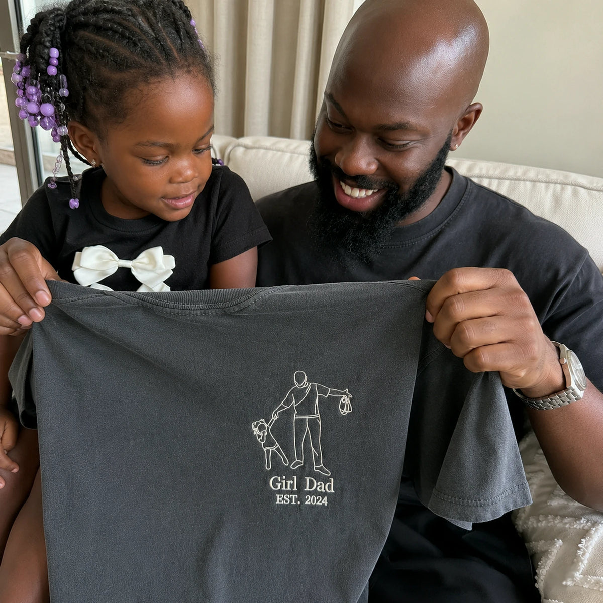 Personalized Girl Dad Photo Line Art T-Shirt with Embroidered Outline Gift for Father's Day, Gift from Wife