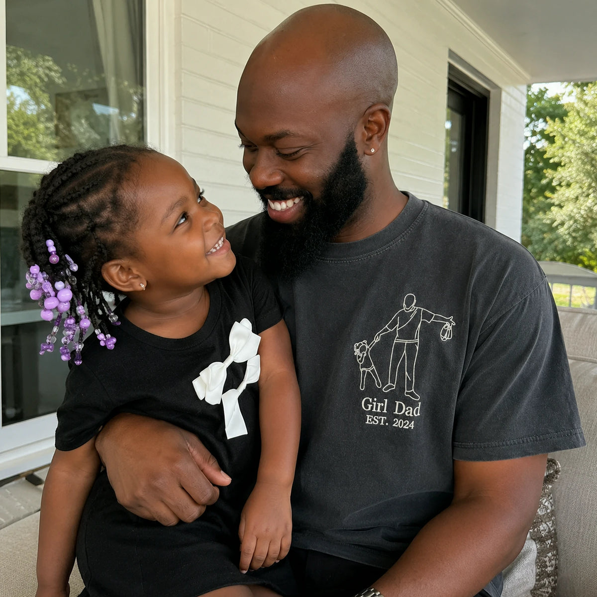 Personalized Girl Dad Photo Line Art T-Shirt with Embroidered Outline Gift for Father's Day, Gift from Wife