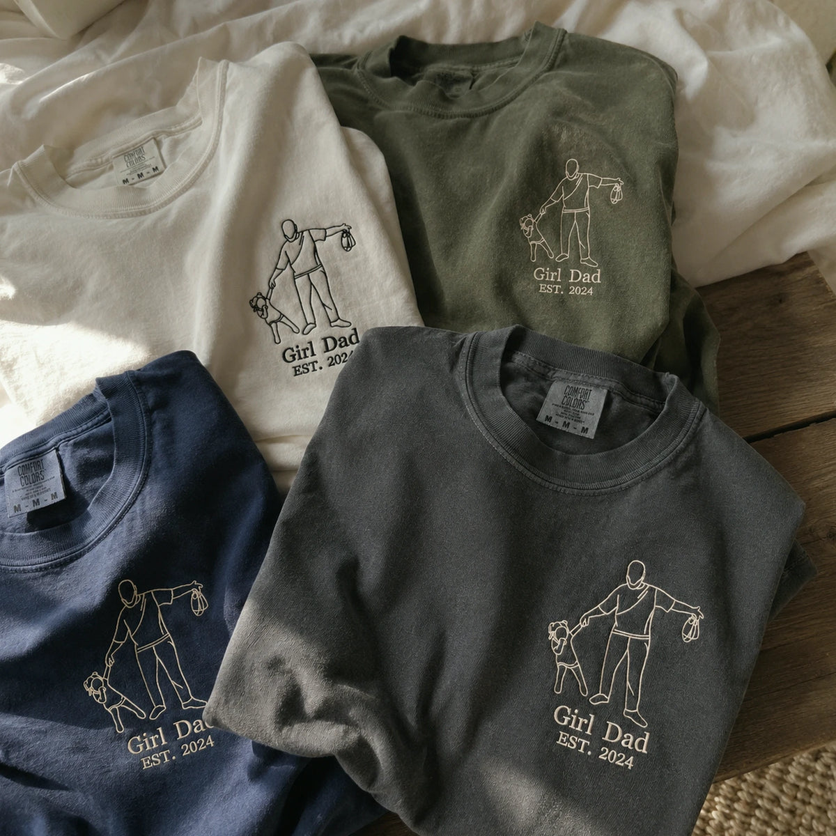 Personalized Girl Dad Photo Line Art T-Shirt with Embroidered Outline Gift for Father's Day, Gift from Wife
