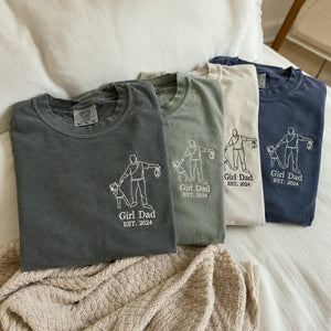 Personalized Girl Dad Photo Line Art T-Shirt with Embroidered Outline Gift for Father's Day, Gift from Wife