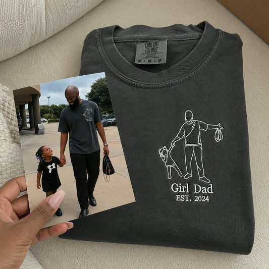 Personalized Girl Dad Photo Line Art T-Shirt with Embroidered Outline Gift for Father's Day, Gift from Wife