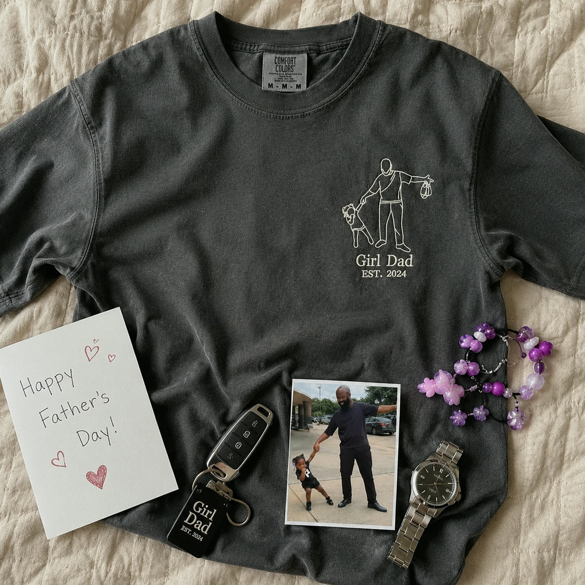 Personalized Girl Dad Photo Line Art T-Shirt with Embroidered Outline Gift for Father's Day, Gift from Wife
