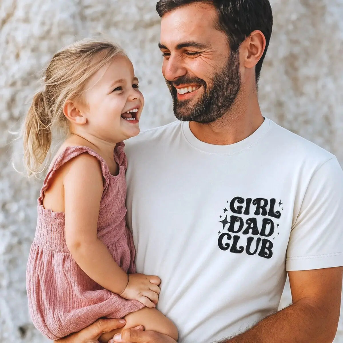 Man wearing Girl Dad shirt with embroidered daughter’s name on sleeve – personalized Father’s Day gift