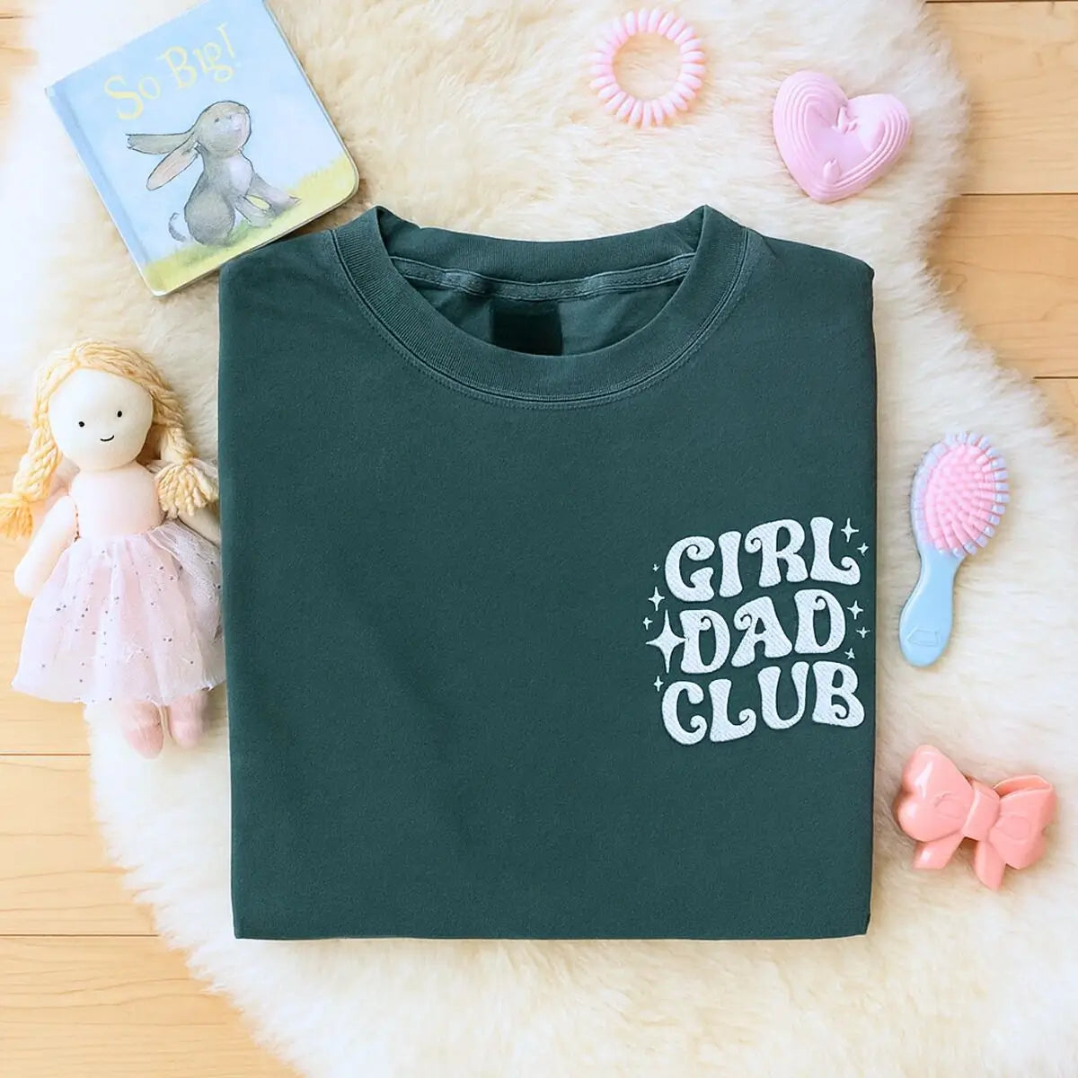 Man wearing Girl Dad shirt with embroidered daughter’s name on sleeve – personalized Father’s Day gift