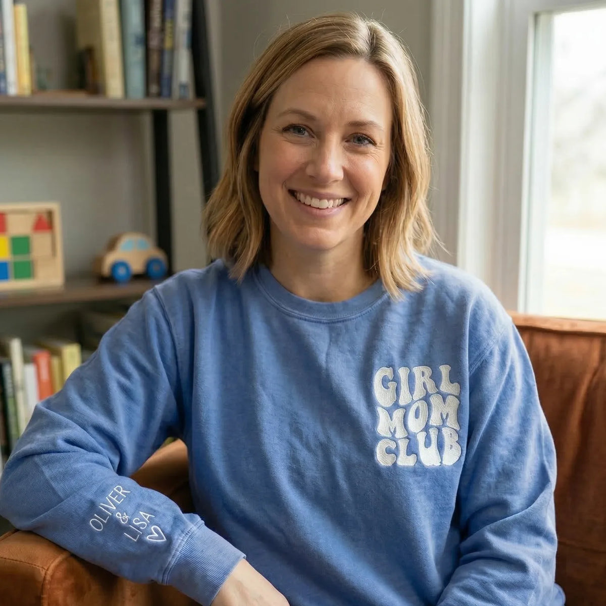 Girl Mom Club Sweatshirt or T-Shirt with Embroidered Kids Names on Sleeve