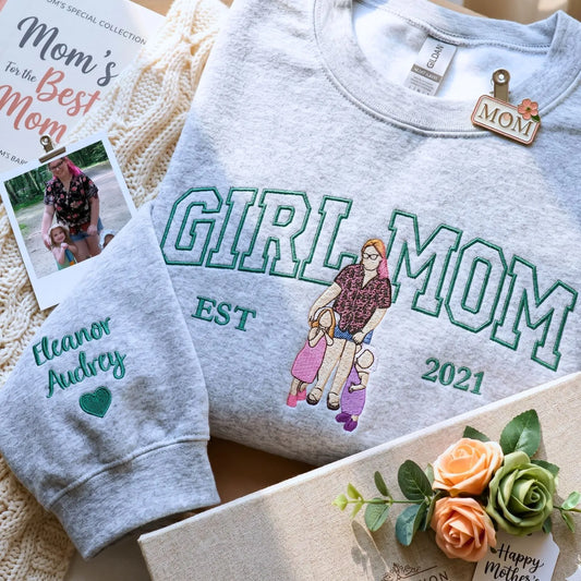 custom girl mom sweatshirt embroidered portrait from photo hoodie gift for mom with daughter