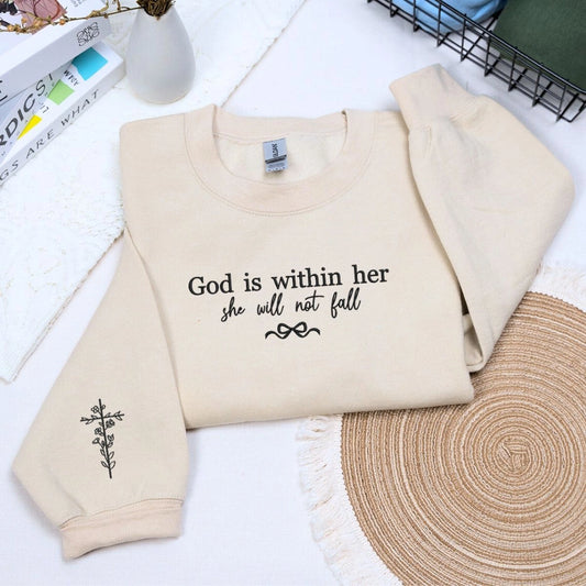 Embroidered “God Is Within Her” Christian sweatshirt with bow and floral cross, perfect for coquette Christian aesthetic.