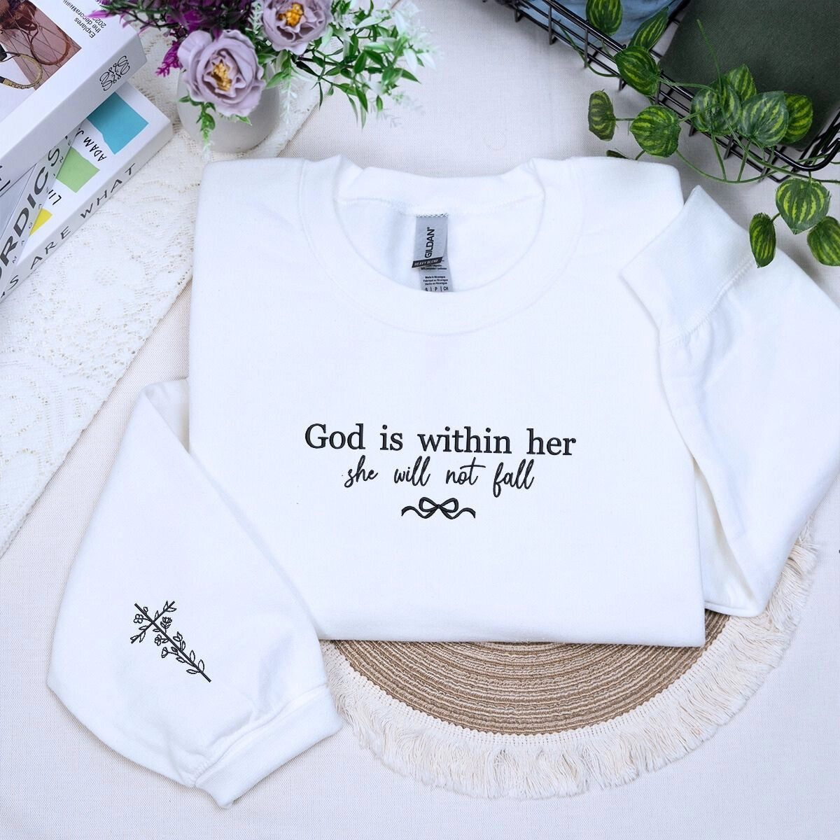 Embroidered “God Is Within Her” Christian sweatshirt with bow and floral cross, perfect for coquette Christian aesthetic.