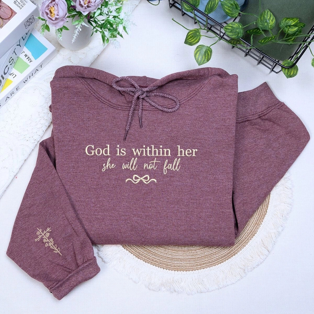 Embroidered “God Is Within Her” Christian sweatshirt with bow and floral cross, perfect for coquette Christian aesthetic.