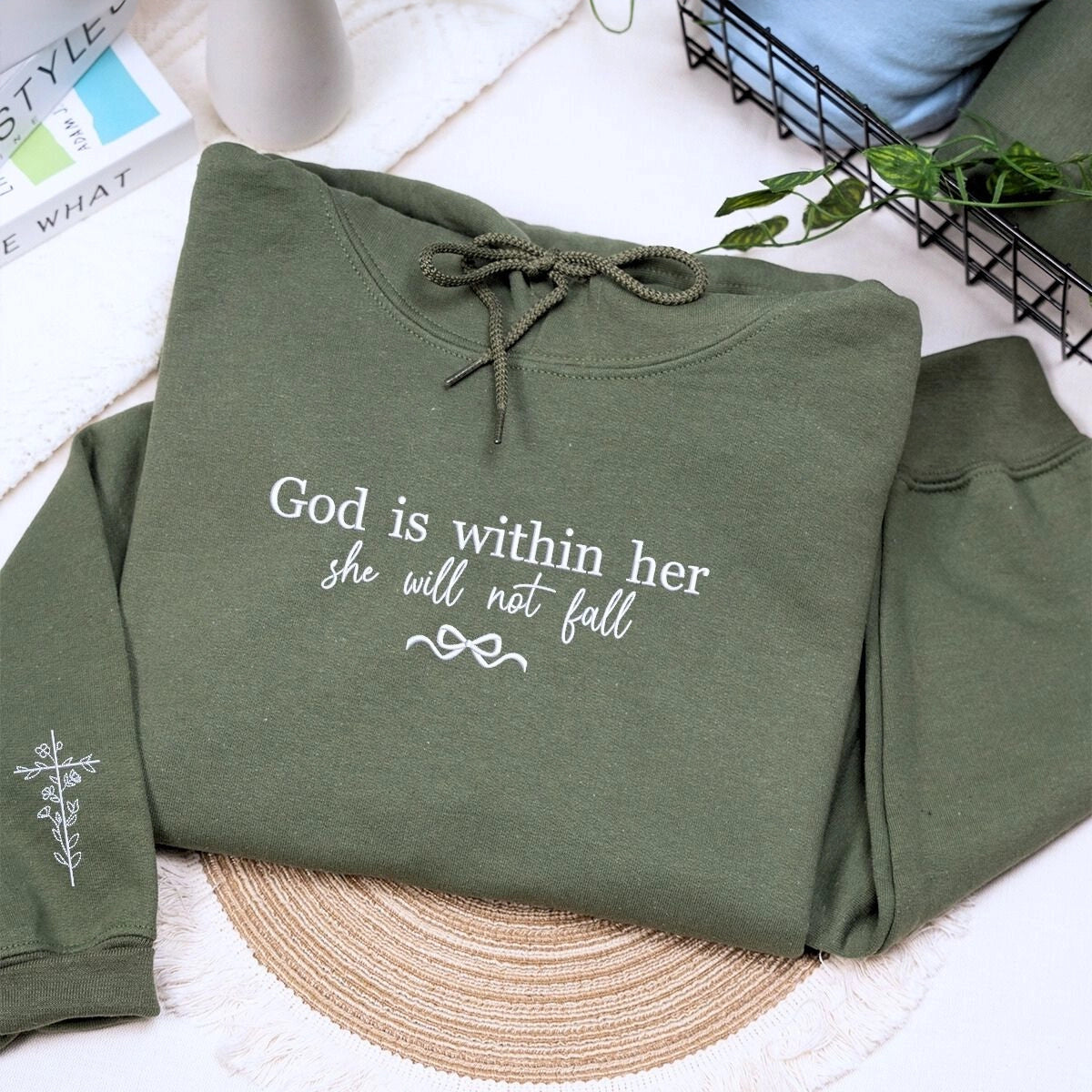 Embroidered “God Is Within Her” Christian sweatshirt with bow and floral cross, perfect for coquette Christian aesthetic.