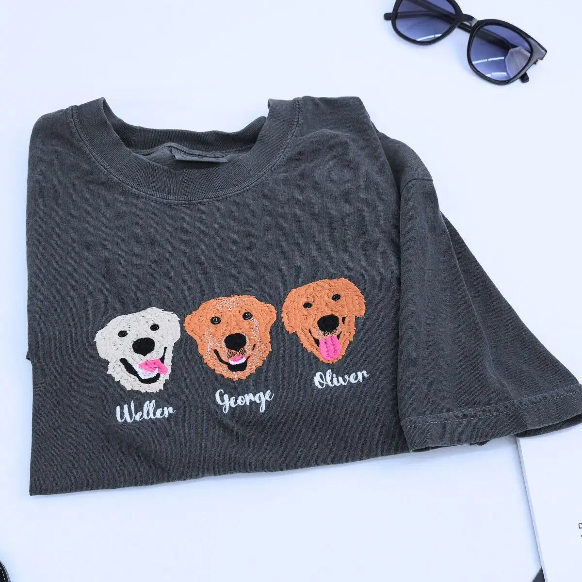 Custom embroidered Golden Retriever portrait shirt with dog’s name on sleeve for Dog Dad gift