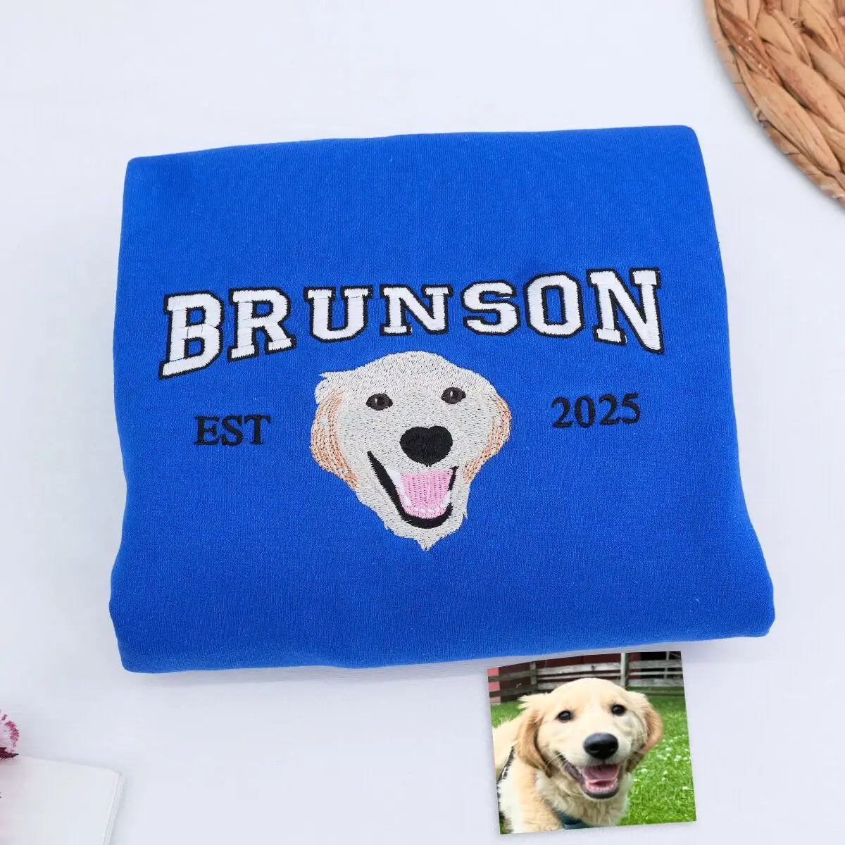 Custom embroidered Golden Retriever portrait shirt with dog’s name on sleeve for Dog Dad gift