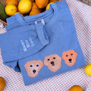 Custom embroidered Golden Retriever portrait sweatshirt with dog’s name on sleeve for Dog Dad gift