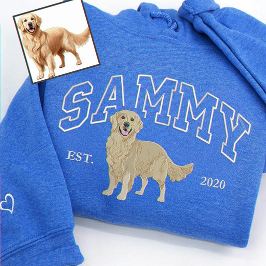 embroidered heather royal hoodie with Golden Retriever portrait and name for per lovers