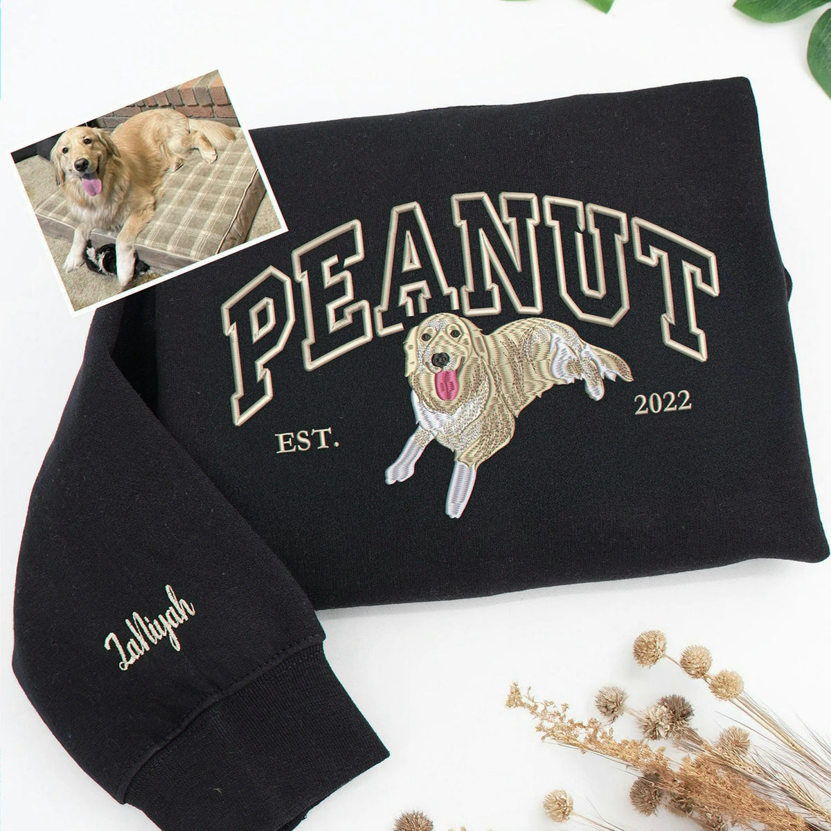 Custom Golden Retriever Photo Sweatshirt - Embroidered Labrador Crewneck with Name Est Varsity