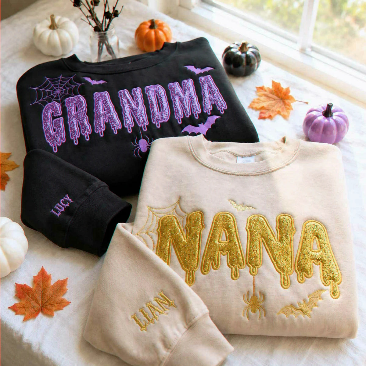Grandma Glitter Applique Halloween Sweatshirt, Spooky Dripping Nana Crewneck, Family Halloween Gift
