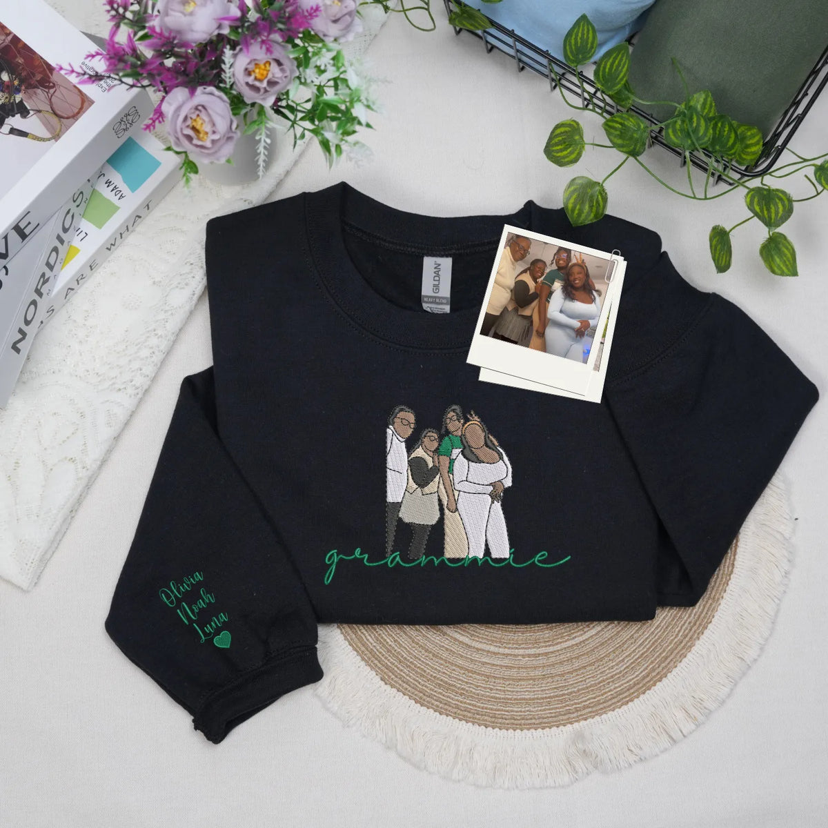 Custom Grammie Photo Portrait Embroidered Sweatshirt Hoodie with with Grandkids' Names on Sleeve