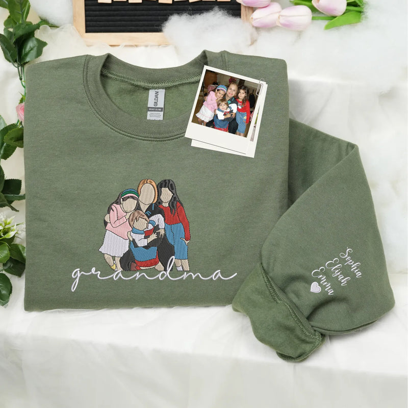 Custom Grammie Photo Portrait Embroidered Sweatshirt Hoodie with Grandkids' Names on Sleeve