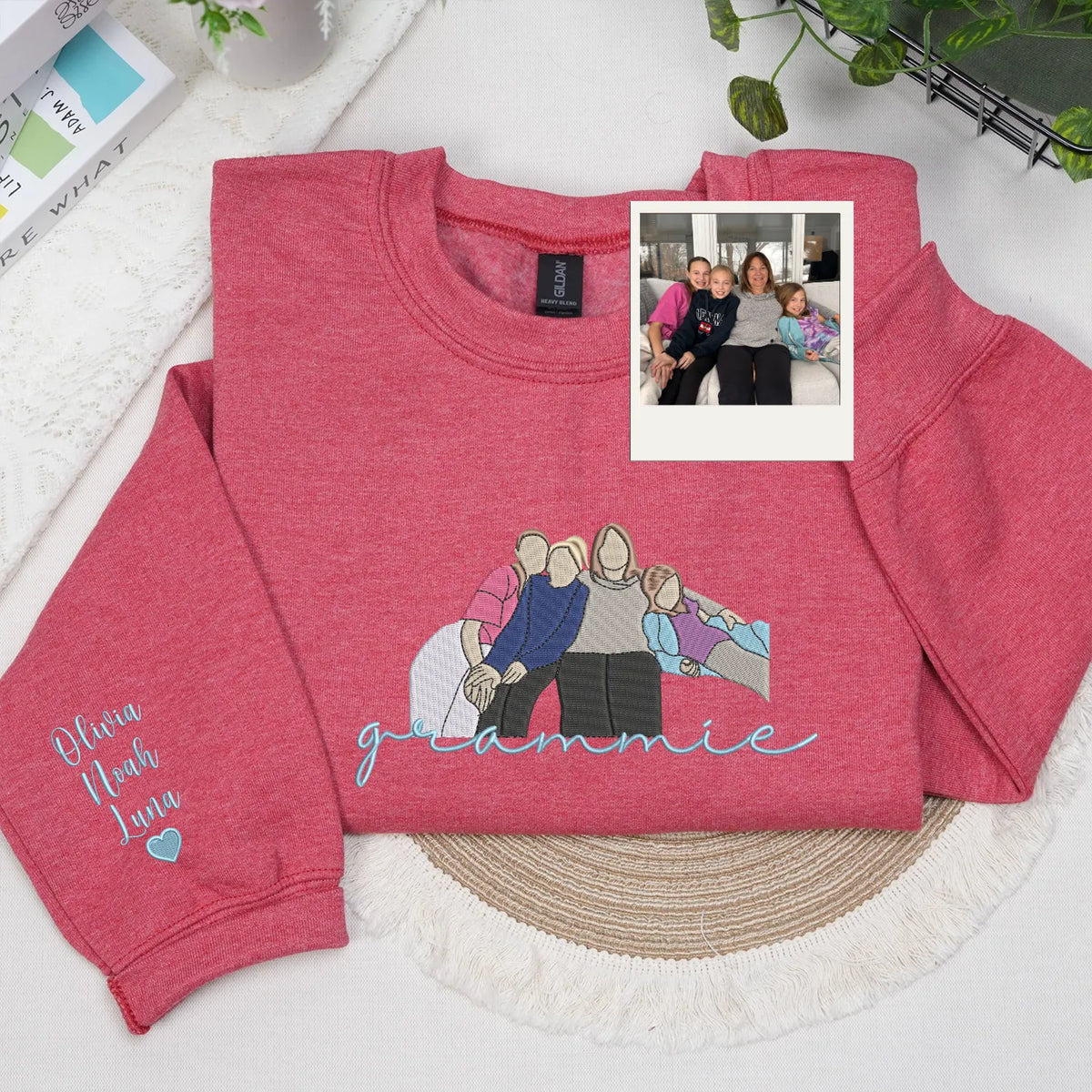 Custom Grammie Photo Portrait Embroidered Sweatshirt Hoodie with Grandkids' Names on Sleeve