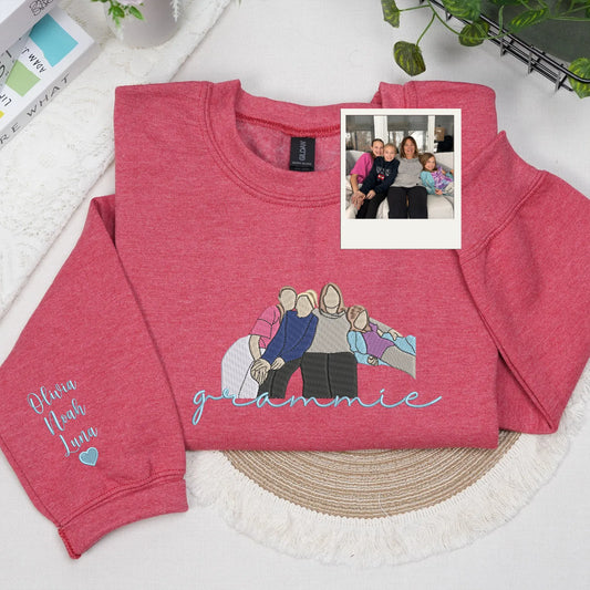 Custom Grammie Photo Portrait Embroidered Sweatshirt Hoodie with Grandkids' Names on Sleeve
