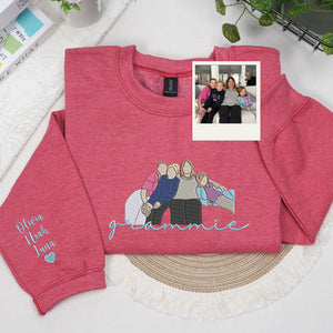 Custom Grammie Photo Portrait Embroidered Sweatshirt Hoodie with with Grandkids' Names on Sleeve