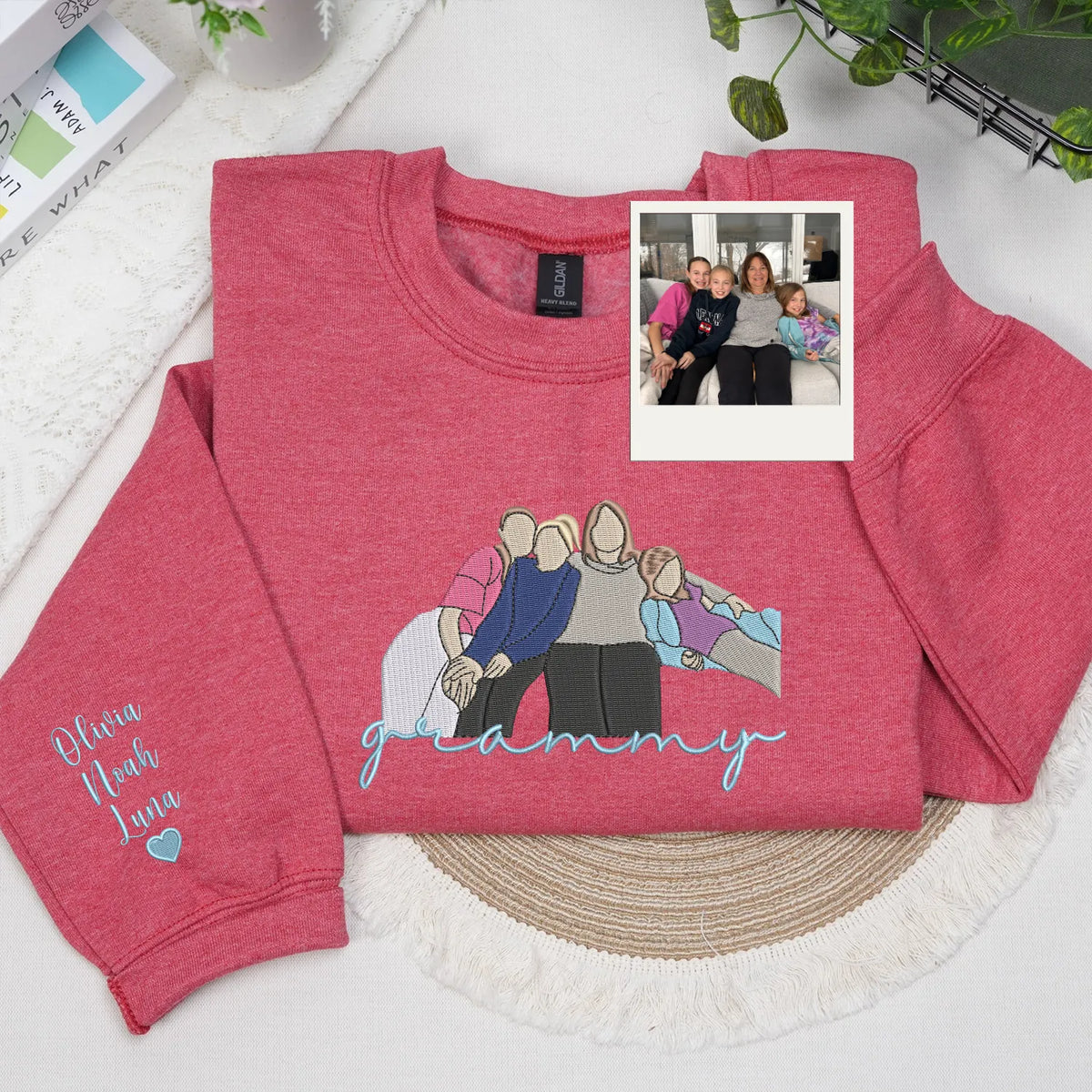 Custom Grammy Photo Portrait Embroidered Sweatshirt Hoodie with with Grandkids' Names on Sleeve
