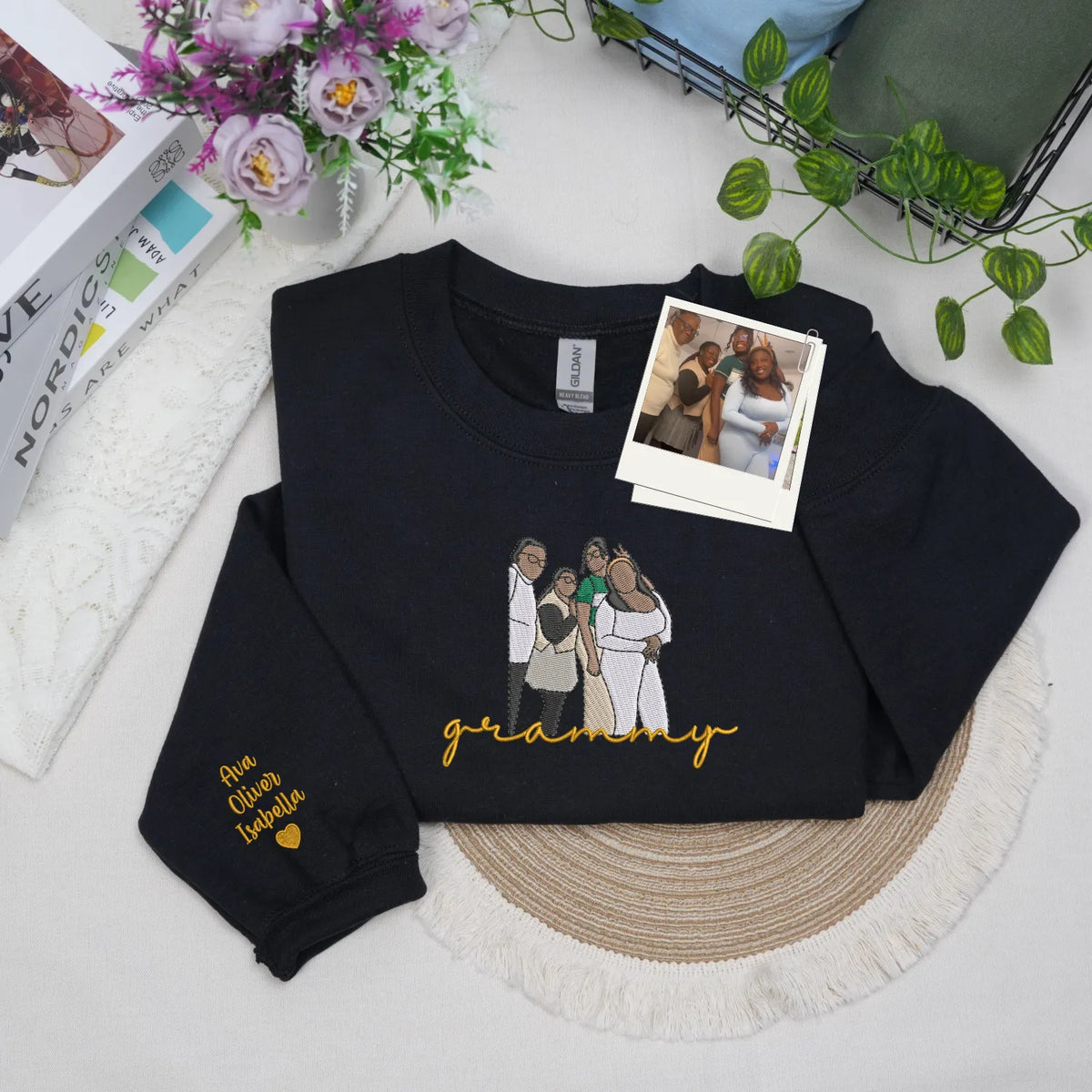 Custom Grammy Photo Portrait Embroidered Sweatshirt Hoodie with with Grandkids' Names on Sleeve