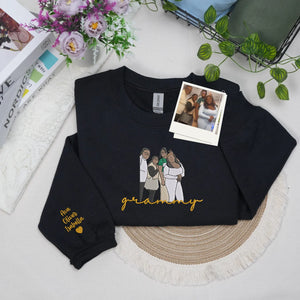 Custom Grammy Photo Portrait Embroidered Sweatshirt Hoodie with with Grandkids' Names on Sleeve