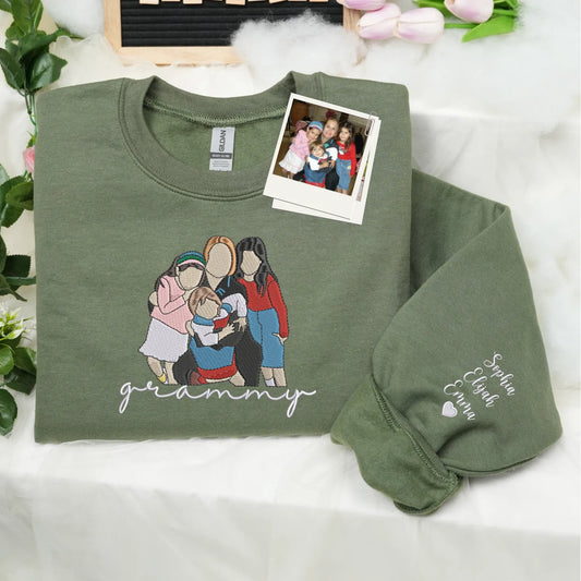 Custom Grammy Photo Portrait Embroidered Sweatshirt Hoodie with with Grandkids' Names on Sleeve