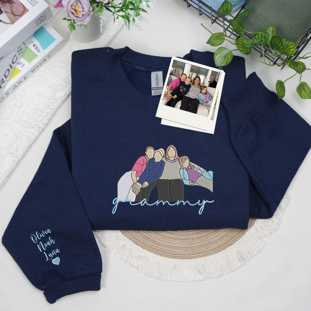 Custom Grammy Photo Portrait Embroidered Sweatshirt Hoodie with with Grandkids' Names on Sleeve