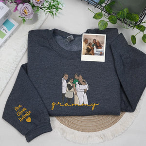 Custom Grammy Photo Portrait Embroidered Sweatshirt Hoodie with with Grandkids' Names on Sleeve