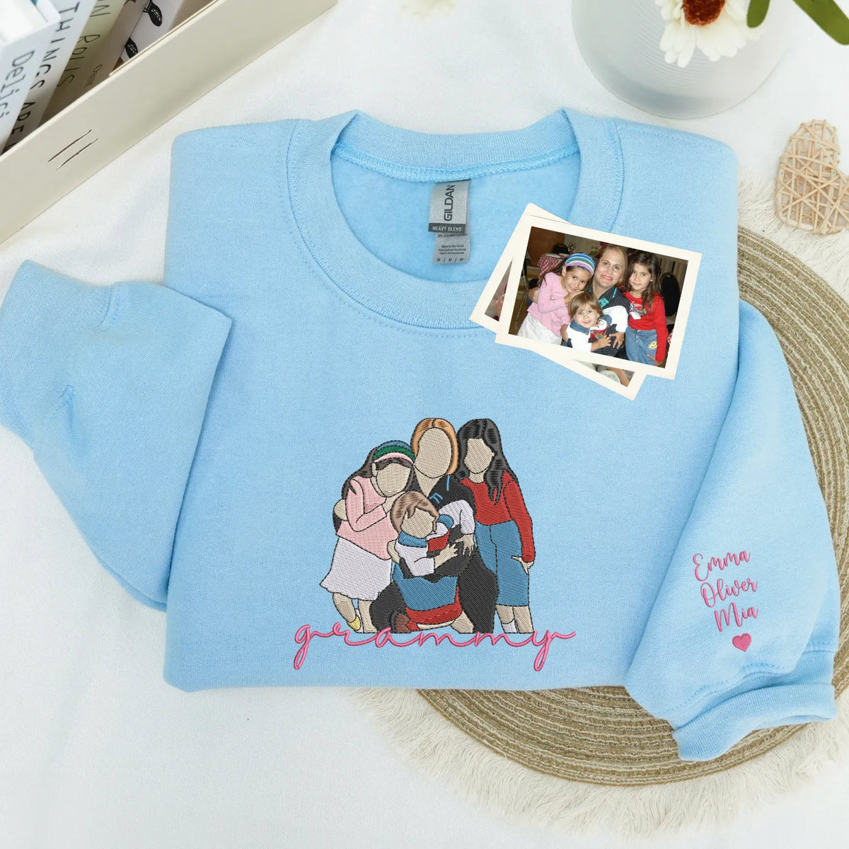 Custom Grammy Photo Portrait Embroidered Sweatshirt Hoodie with with Grandkids' Names on Sleeve
