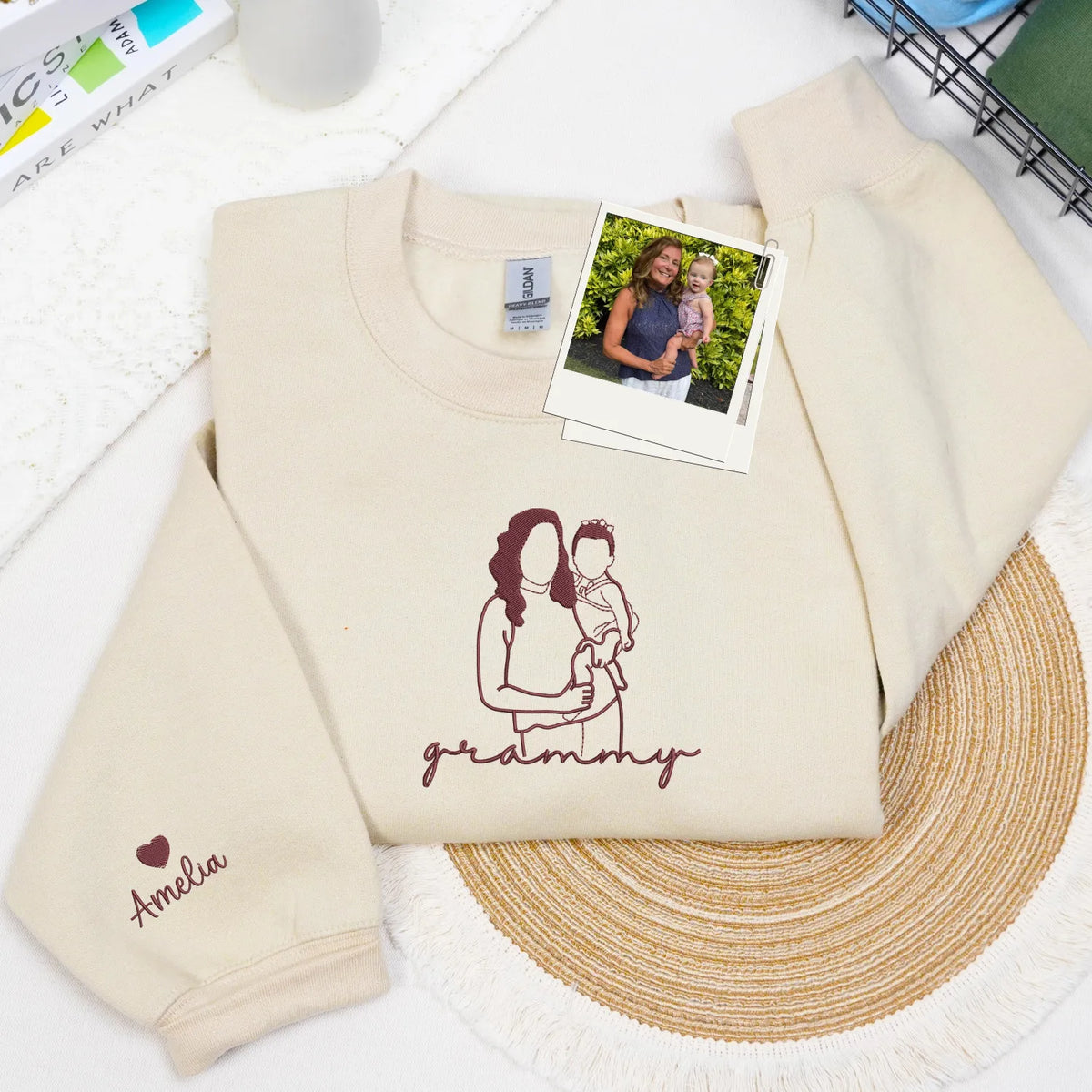Custom Grammy Photo Line Art Embroidered Sweatshirt Hoodie - Sentimental Mother's Day 2026 Gift