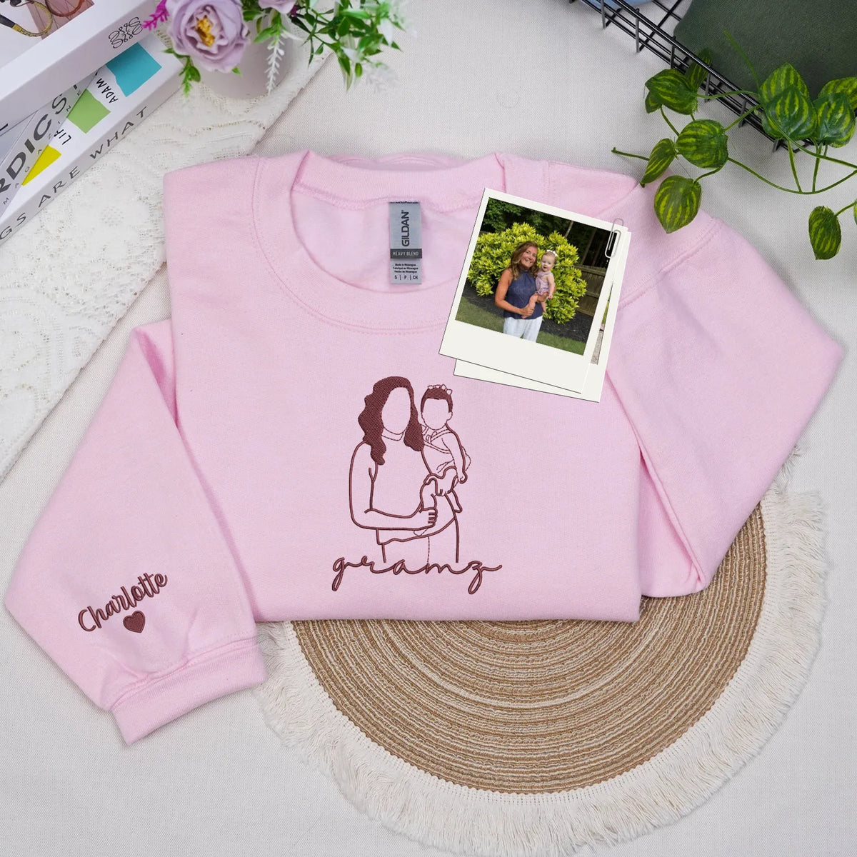 Custom Gramz Photo Line Art Embroidered Sweatshirt Hoodie - Personalized Mother's Day 2026 Gift for Gramdma