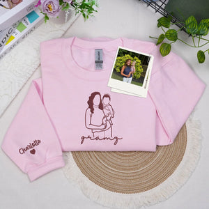 Custom Gramz Photo Line Art Embroidered Sweatshirt Hoodie - Personalized Mother's Day 2026 Gift for Gramdma