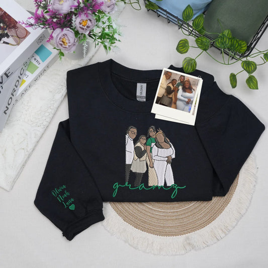 Custom Gramz Photo Portrait Embroidered Sweatshirt Hoodie with with Grandkids' Names on Sleeve