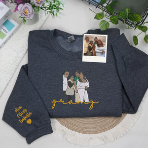 Custom Gramz Photo Portrait Embroidered Sweatshirt Hoodie with with Grandkids' Names on Sleeve