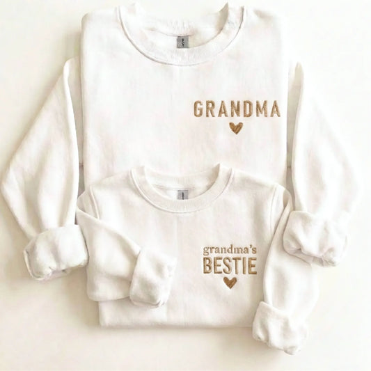 Grandma's Bestie Kid Sweatshirt Embroidered – Matching Outfit with Grandma, Personalized Mother’s Day Gift for Grandmother, Nana, Mimi