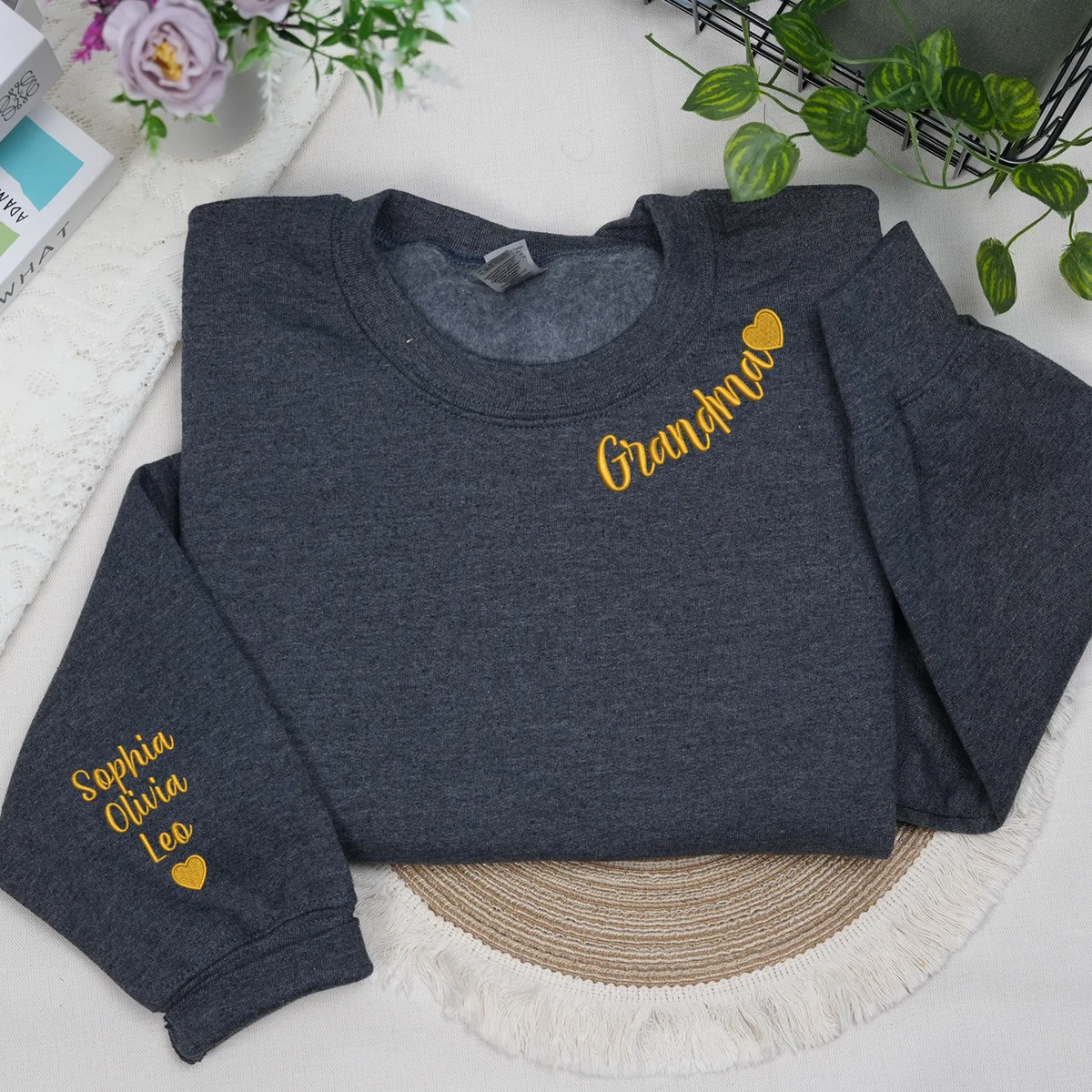 Custom Grandma Nana Gigi Mimi Sweatshirt from Daughter or Son - Neckline Embroidery & Sleeve Names
