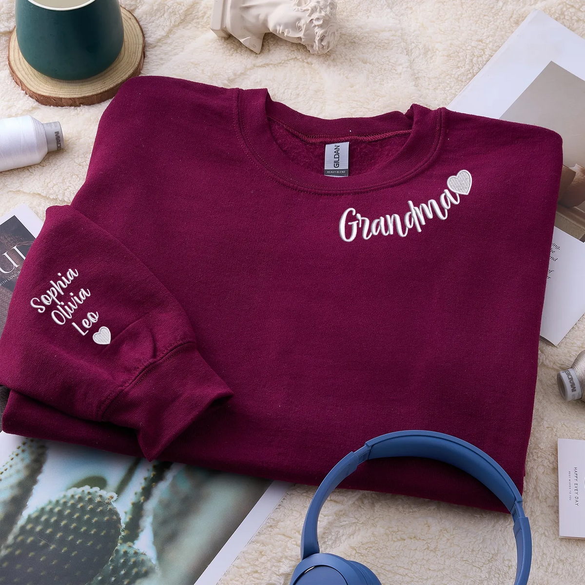 Custom Grandma Nana Gigi Mimi Sweatshirt from Daughter or Son - Neckline Embroidery & Sleeve Names