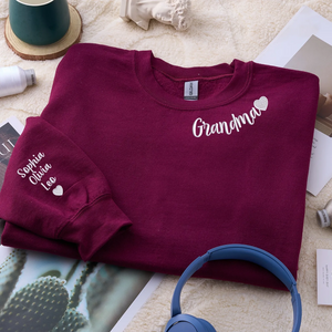 Custom Grandma Nana Gigi Mimi Sweatshirt from Daughter or Son - Neckline Embroidery & Sleeve Names