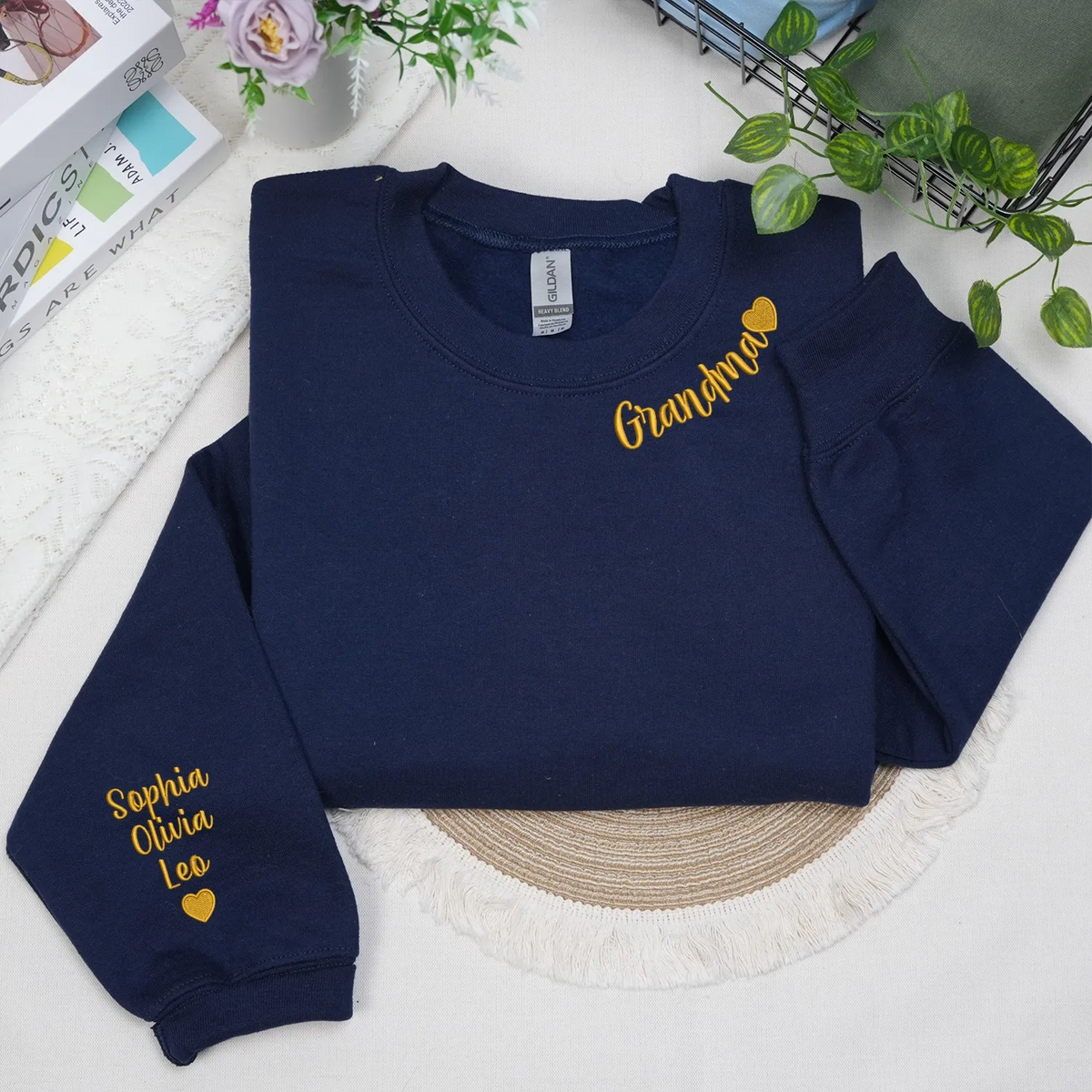 Custom Grandma Nana Gigi Mimi Sweatshirt from Daughter or Son - Neckline Embroidery & Sleeve Names