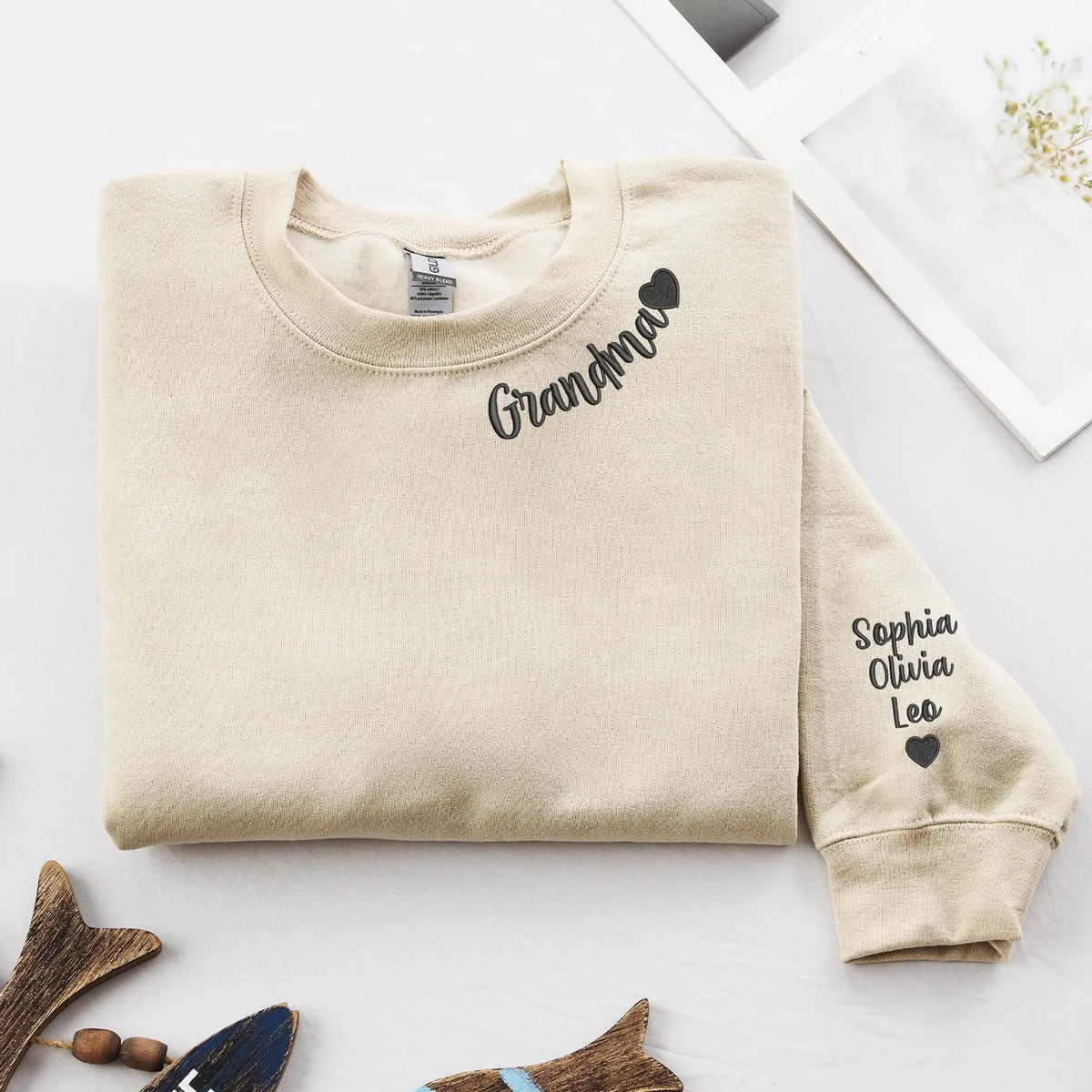 Custom Grandma Nana Gigi Mimi Sweatshirt from Daughter or Son - Neckline Embroidery & Sleeve Names